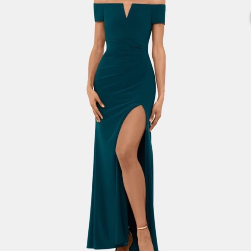 Xscape Green Off-Shoulder Slit Maxi Dress